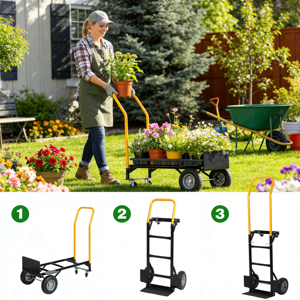 Hand Truck Dual Purpose 2 Wheel Dolly Cart and 4 Wheel Push Cart with Swivel Wheels 330 Lbs Capacity Heavy Duty Platform Cart for Moving/Warehouse/Garden/Grocery