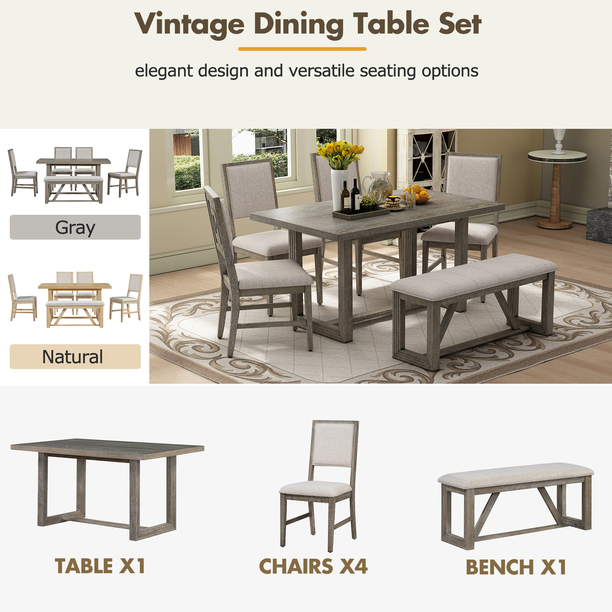 TREXM 6-Piece Retro Dining Table Set for 6, 60" Wood Kitchen Table and Chairs Set of 4 with Bench Designed Trestle Base - Gray – Oak