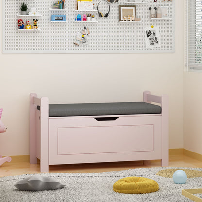 Kids Toy Box Chest for Boys Girls, Large Storage Cabinet with Cushion Seat Bench/ Flip-Top Lid/ Safety Hinge, Toy Storage Organizer Trunk for Nursery, Playroom (Pink)
