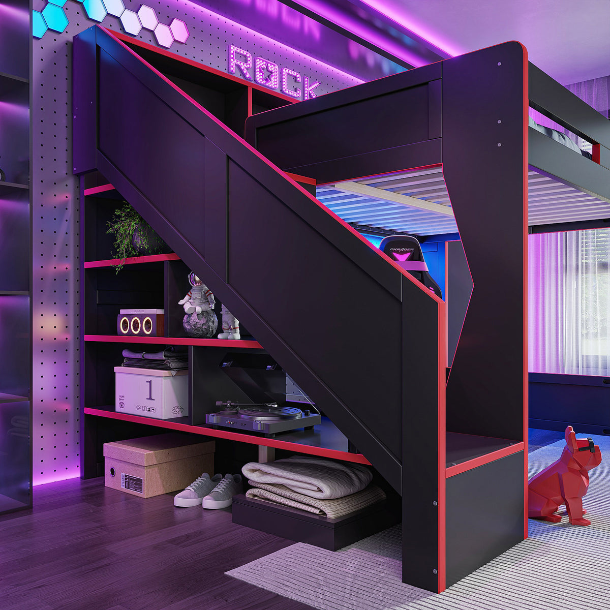 Queen Size Gaming Loft Bed with Storage Stair & Open Headboard Shelves, LED Light & USB Charging Desk, Elevated Loft Bed Frame with House-Shaped Cutout Design for Gamers,Black&Red