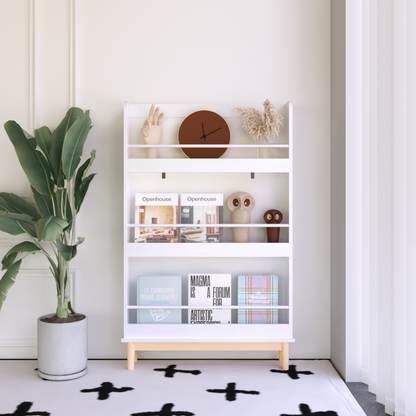 Wall-Mounted Kids Bookshelf with 3 Front-Facing Display Shelves, Modern White Book Rack with Natural Wood Base for Toddler Bedroom