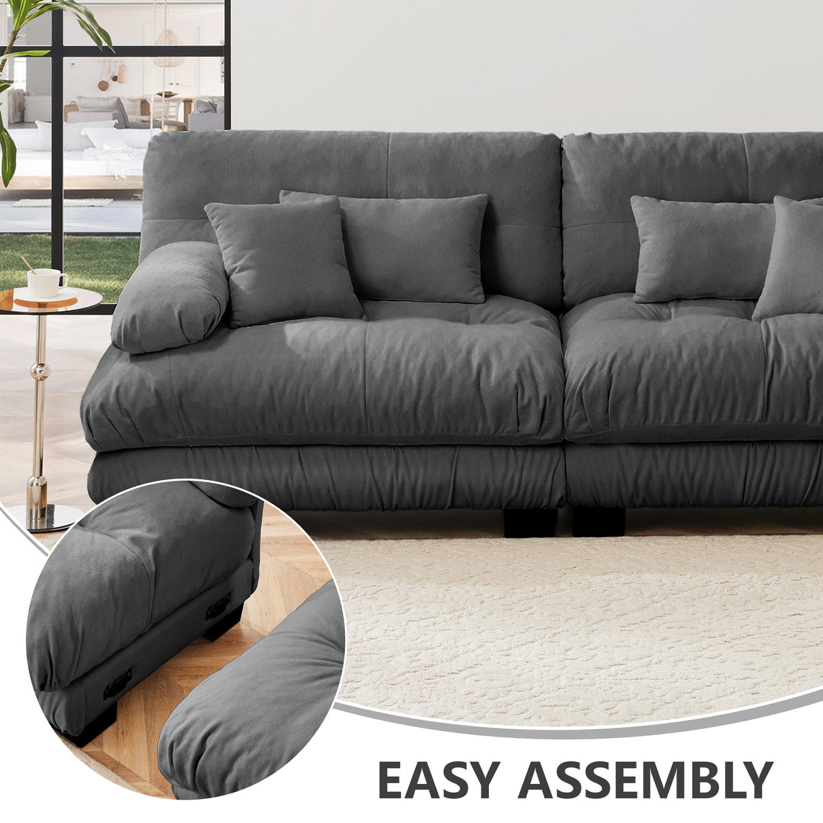 Cloud Couch 2 Seater Sofa, Chenille 2 - Seat sofa with 2 Lumbar pillows and 2 throw pillows, Chenille Gray