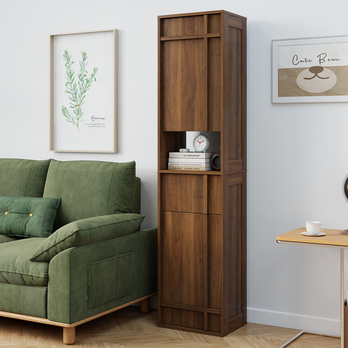 Tall Narrow Storage Cabinet, Wooden Freestanding Bookshelf with Doors & drawer, Slim Display Bookcase for Living Room, Bedroom, Home Office