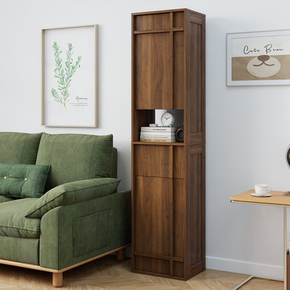 Tall Narrow Storage Cabinet, Wooden Freestanding Bookshelf with Doors & drawer, Slim Display Bookcase for Living Room, Bedroom, Home Office