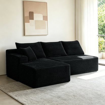 96' Cloud Sectional Couch with L-Shape Chaise,Modern Modular Sofa with Deep Seat, Upholstered Couches for Living Room Bedroom,No Assembly Required and Cup holde, (Plush Fabric),Black