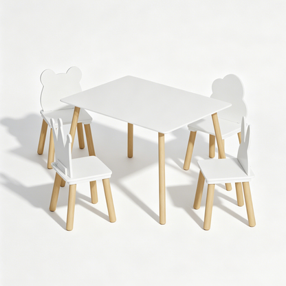 Big Kids Table and 4 Chairs Set, 5 Pieces Toddler Table and Chair Set, Wooden Activity Play Table Set (White)