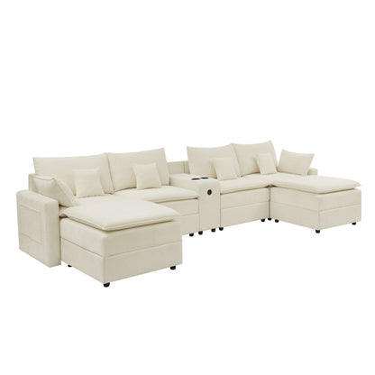 143.8'' U-shaped Modular Sectional Sofa with Center Console, Cup Holder, USB Charger,Movable Ottoman,Modern Comfy 4-6 Seater Chenille Cloud Couch for Spacious Living Room, Beige