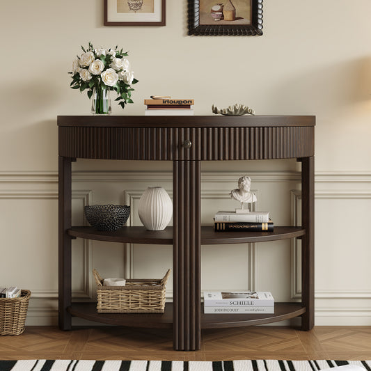 TREXM Fluted Half Moon Console Table with Drawer and 2 Shelves for Entryway, Living Room and Hallway (Espresso)