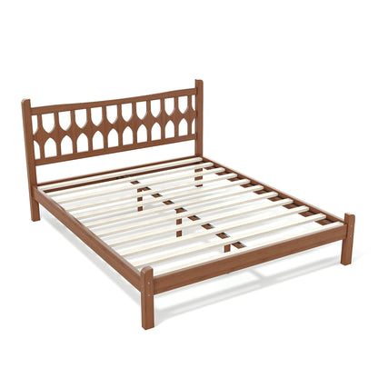 Queen Size Bamboo Platform Bed with Diamond-shaped headboard, Solid Bamboo-made Bed Frame with Support Slats, for Bedroom, Guest Rooms, Brown