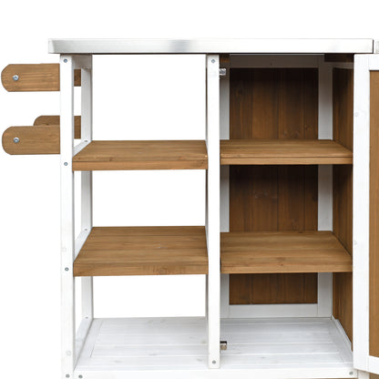 Foldable Outdoor Kitchen Island with Stainless Steel Worktop and Wood Frame, White+Brown, Portable Prep Station