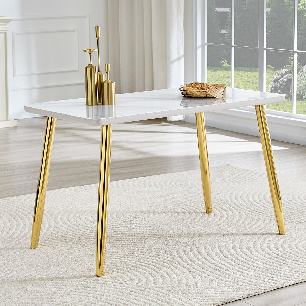 Modern minimalist rectangular dining table, suitable for 4-6 people. Tempered glass countertop+lower MDF board, imitation marble texture – Model W1151S04622