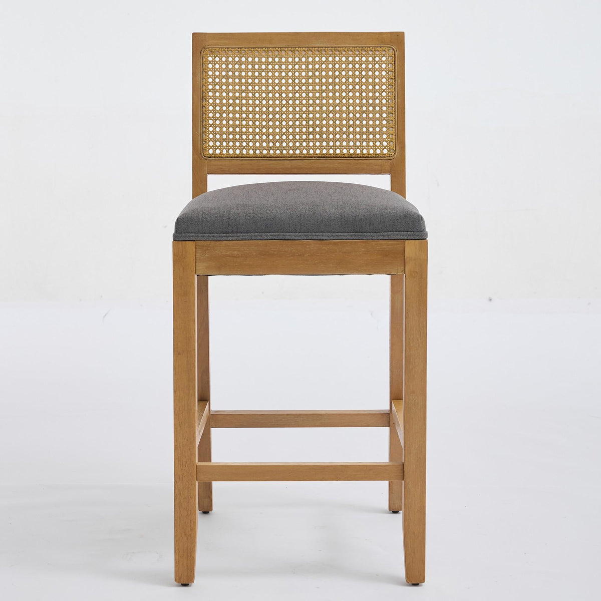 Full Solid Wood Rattan-Back Bar Stool, Matte Linen Cushion with High-Resilience Foam & S-Springs