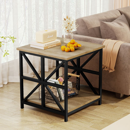 24" End Table with Storage, 2-Tier Side Table with Open Shelves for Living Room, Bedroom Nightstand, Farmhouse Accent Table, Grey Wash