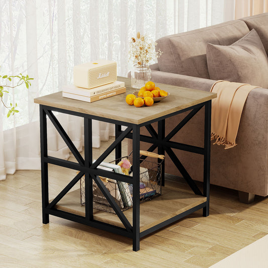 24" End Table with Storage, 2-Tier Side Table with Open Shelves for Living Room, Bedroom Nightstand, Farmhouse Accent Table, Grey Wash