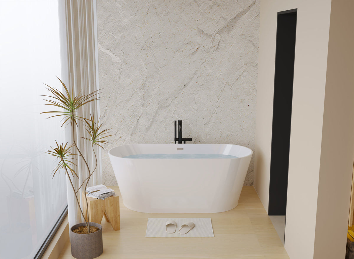 59" Acrylic Freestanding Bathtub, Stand Alone Soaking Tub, Glossy White Acrylic, Toe-tap Chrome Drain, cUPC Certified