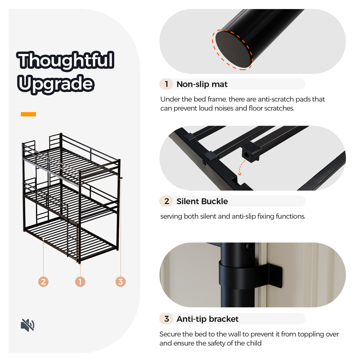 Metal Triple Bunk Bed Twin over Twin over Twin, Heavy Duty 3-in-1 Convertible Metal Bunk Bed Frame with Ladders, Guardrails & Anti-Tip Kit, Space-Saving Bed for Kids, Teens, Adults, No Box Spring Need