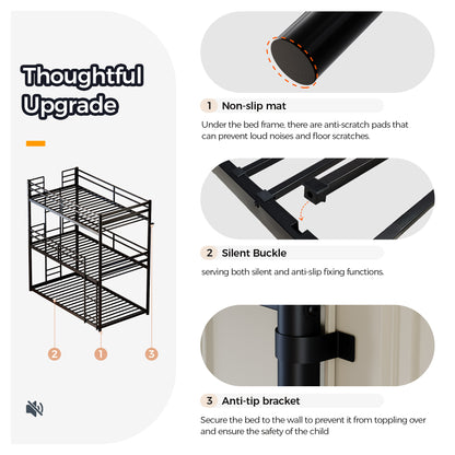 Metal Triple Bunk Bed Twin over Twin over Twin, Heavy Duty 3-in-1 Convertible Metal Bunk Bed Frame with Ladders, Guardrails & Anti-Tip Kit, Space-Saving Bed for Kids, Teens, Adults, No Box Spring Need