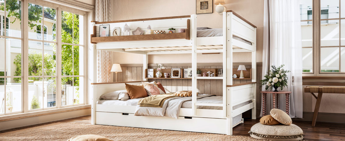 Queen over Queen Wood Bunk Bed with Pull-out Trundle Bed, Side Storage Shelf, Detachable Bunk Bed Frame, Convertible Into 2 Separate Beds for Kids Teens Adults, Beige&Natural