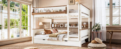 Queen over Queen Wood Bunk Bed with Pull-out Trundle Bed, Side Storage Shelf, Detachable Bunk Bed Frame, Convertible Into 2 Separate Beds for Kids Teens Adults, Beige&Natural