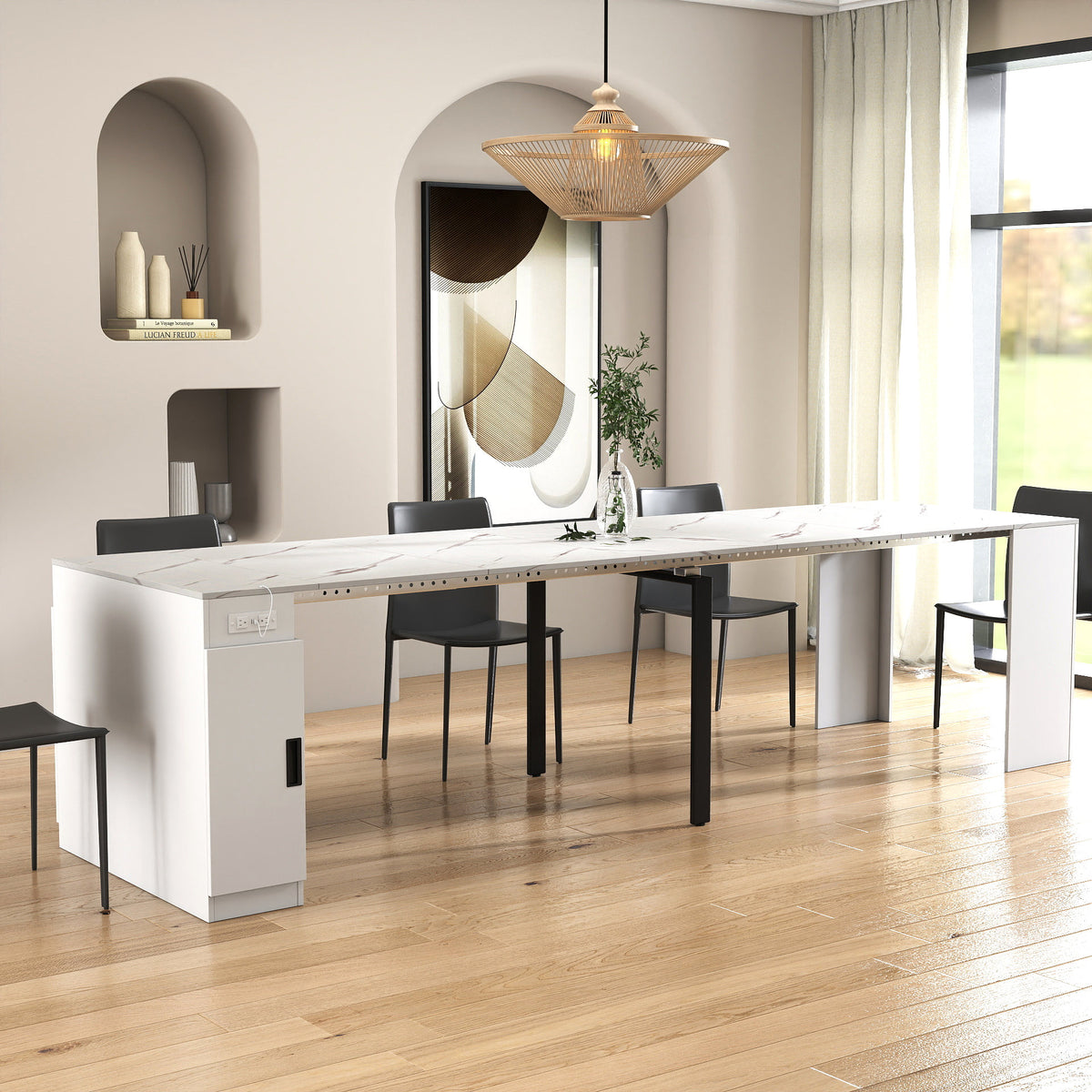 Modern Multifunctional Extendable Dining Table with Outlet, Space Saving Expanding Table with Storage for Party, Weddings, Meetings
