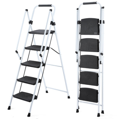 ladder, folding ladder stool, with anti slip wide pedals, steel ladder, with safety anti slip handle, lightweight 330 pound portable steel ladder stool in White 5 steps