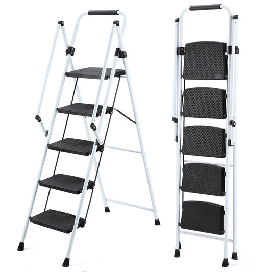 ladder, folding ladder stool, with anti slip wide pedals, steel ladder, with safety anti slip handle, lightweight 330 pound portable steel ladder stool in White 5 steps
