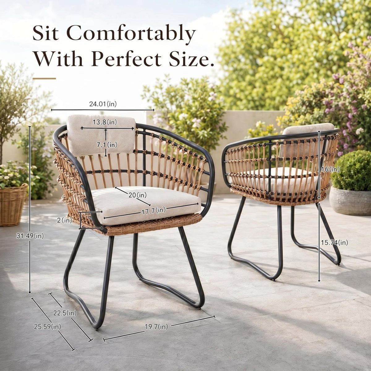 Beige PE Rattan Dining Chairs Set of 2 with Cushions, Outdoor Wicker Armchairs for Garden, Lawn, Poolside, Backyard, Porch