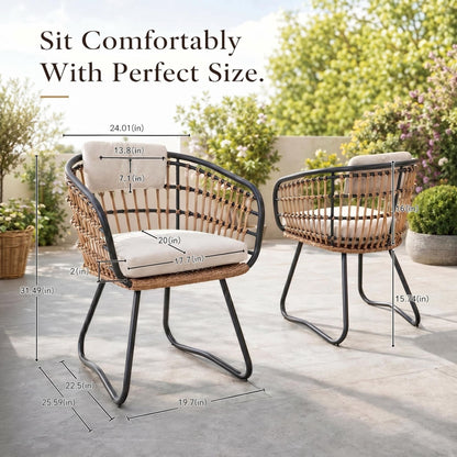 Beige PE Rattan Dining Chairs Set of 2 with Cushions, Outdoor Wicker Armchairs for Garden, Lawn, Poolside, Backyard, Porch