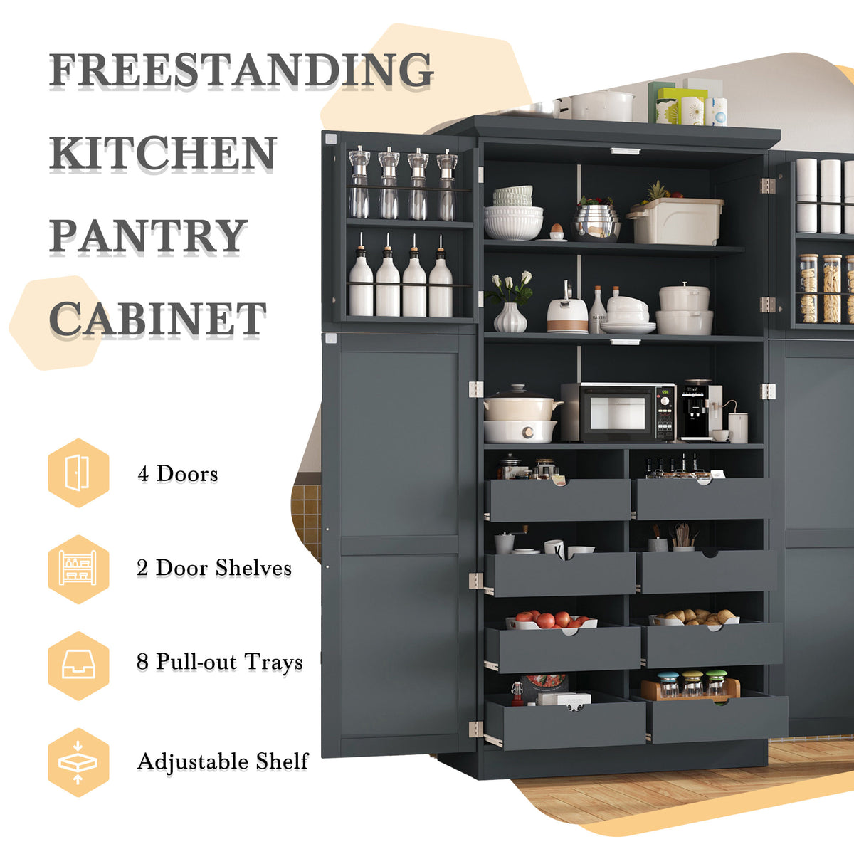 [Assembly Video Provided] TOPMAX 35.5x17.6x70.9inch Freestanding Kitchen Pantry Cabinet, Tall Storage Cabinet with 4 Doors, 2 Door Shelves – Gray