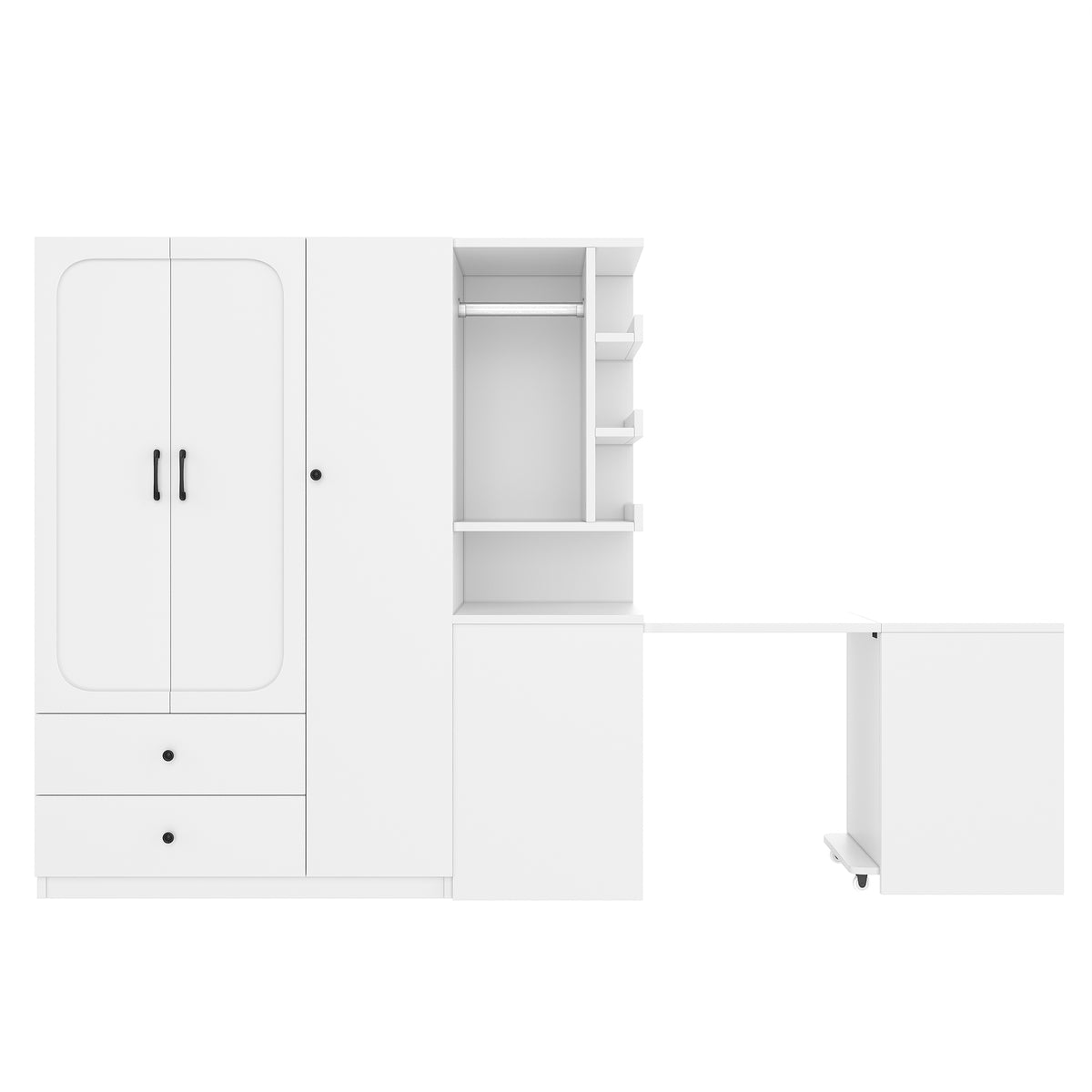 Multifunctional Wardrobe with 2 Doors and Hanging Rod, Wooden clothes closet with Convertible Desk and Storage Drawers – Model W1580S00475