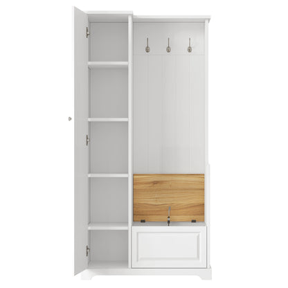 Stylish Design Hall Tree with Flip-Up Bench, Minimalist Hallway Shoe Cabinet with Adjustable Shelves, Multifunctional Furniture with Hanging Hooks for Entryways, Mudroom, White (OLD SKU: WF304223AAK)