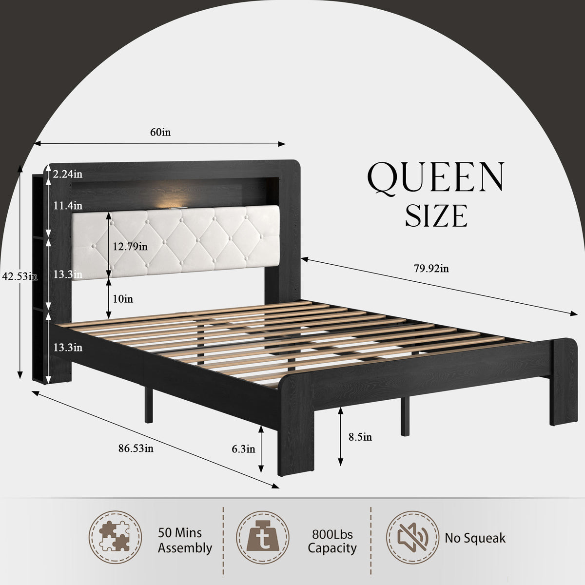 Queen Platform Bed Frame, Black Wood Look Frame with Soft Velvet , Sturdy Wood Slat Support System, Easy to Assemble, No Box Spring Required, Luxury Bedroom Furniture