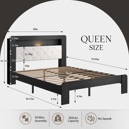 Queen Platform Bed Frame, Black Wood Look Frame with Soft Velvet , Sturdy Wood Slat Support System, Easy to Assemble, No Box Spring Required, Luxury Bedroom Furniture