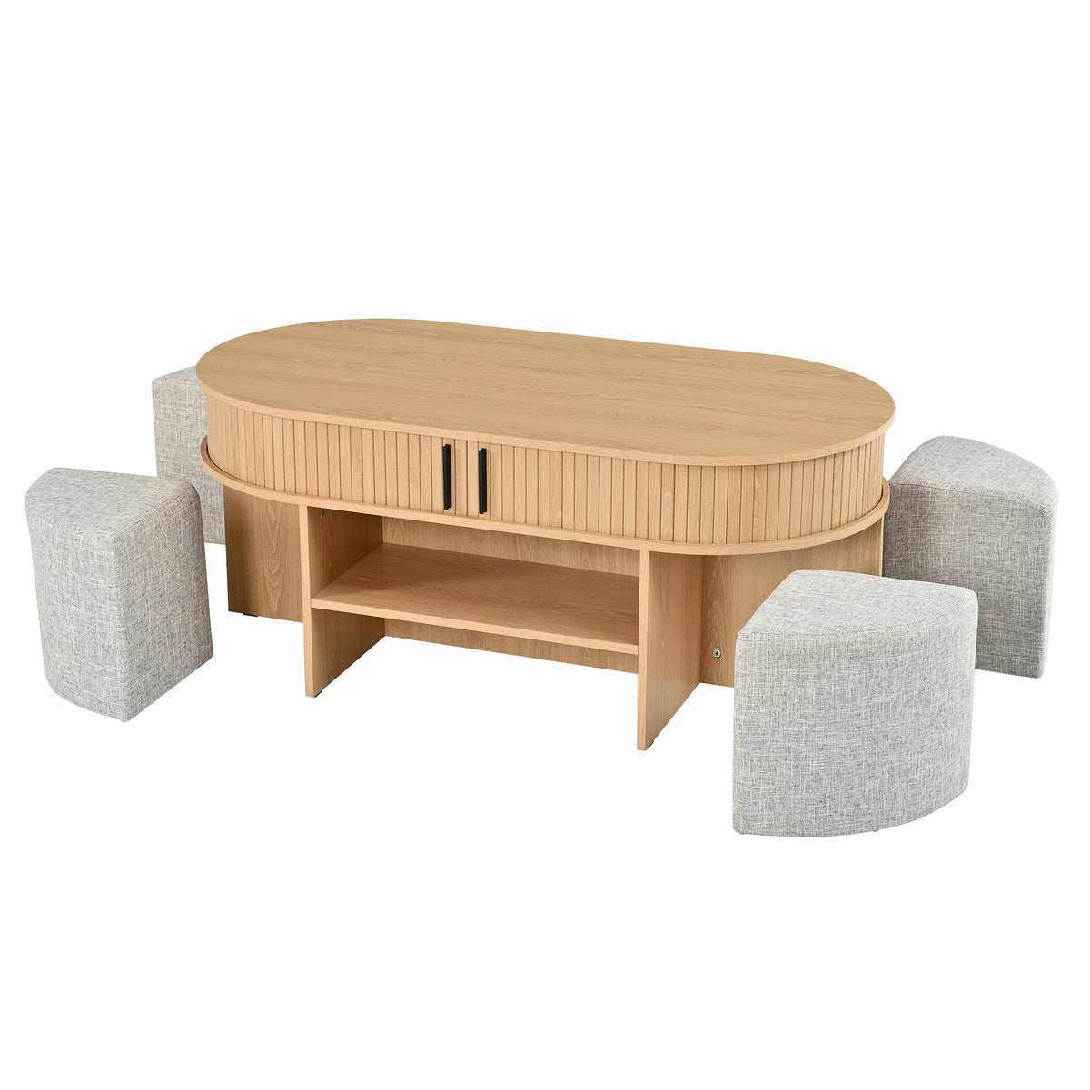 U-Can Multi-Functional Oval Coffee Table with Storage & 4 Fabric Stools