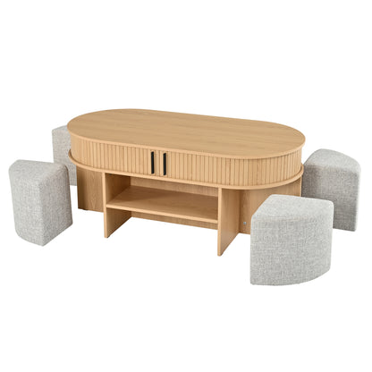 U-Can Multi-Functional Oval Coffee Table with Storage & 4 Fabric Stools