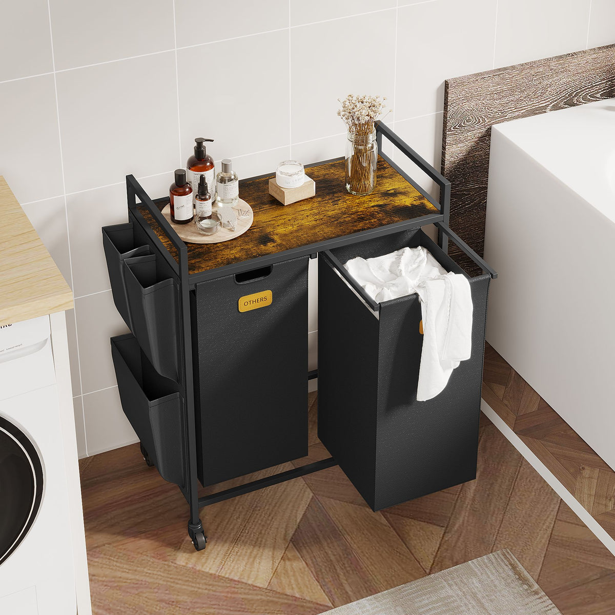 2 Section Laundry Hamper, Laundry Sorter with Wheels, Laundry Basket Organizer with Shelf & 2 Pull-Out Removable Bags, Dirty Clothes Hamper Organizer for Laundry Room Bathroom Dorm ,26.4 gallons(100L)