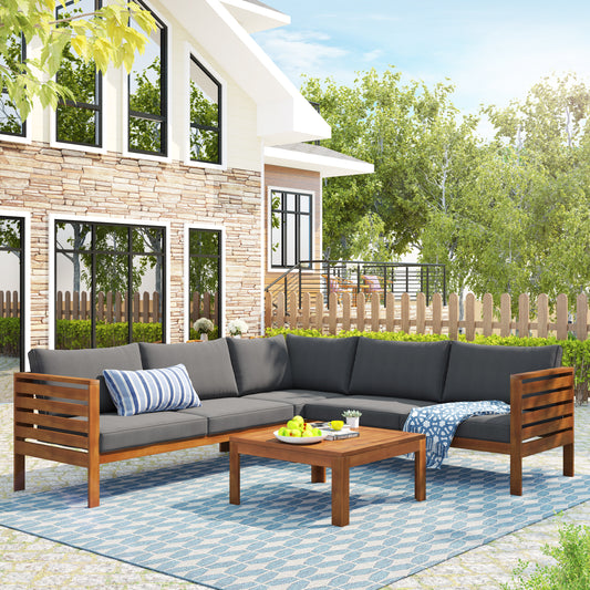 <Old SKU: FV201207AAE. Note: Modify Size> Wood Structure Outdoor Sofa Set with gray Cushions Exotic design Water-resistant and UV Protected texture High quality acacia wood Strong Metal Accessorie