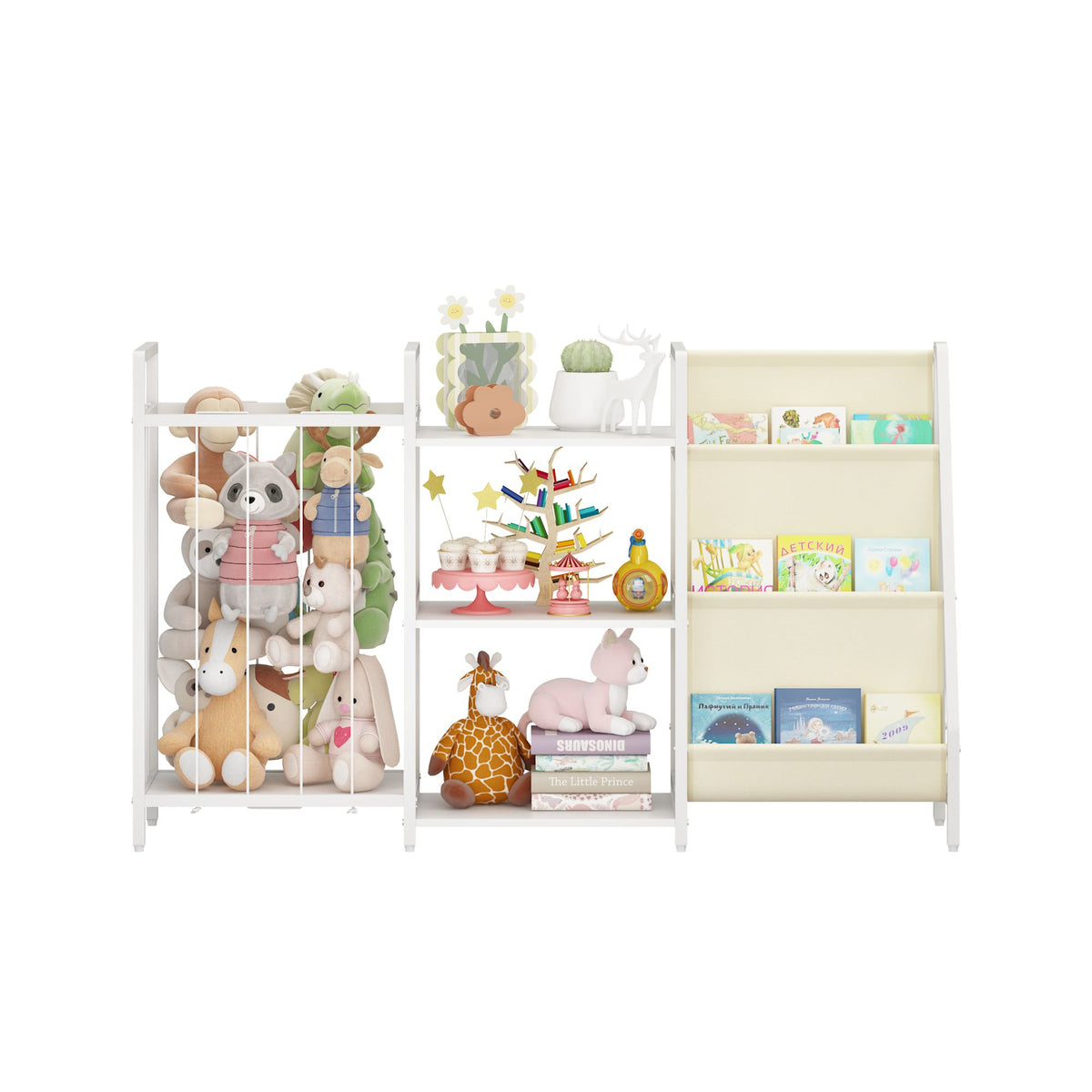 Kids Bookshelf and Toy Storage, 3-in-1 Book Shelf for Kids Rooms, Sling Baby Bookcase with Stuffed Animal Storage, Toddler Montessori Bookshelf for Nursery, Playroom, Kindergarten, White