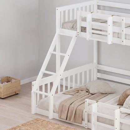 Twin Over Full Floor Bunk Bed with Ladder and Bookshelf, Space-Saving, Noise-Free, No Box Spring Needed,White