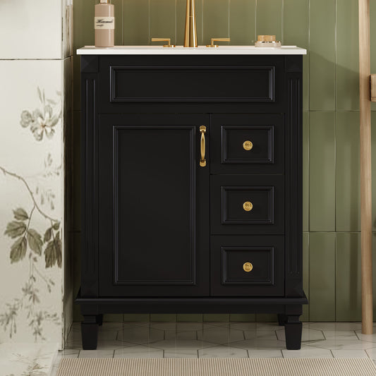 Modern Black Bathroom Vanity with Ceramic Sink, 24" Compact Cabinet with 2 Drawers and Adjustable Shelf