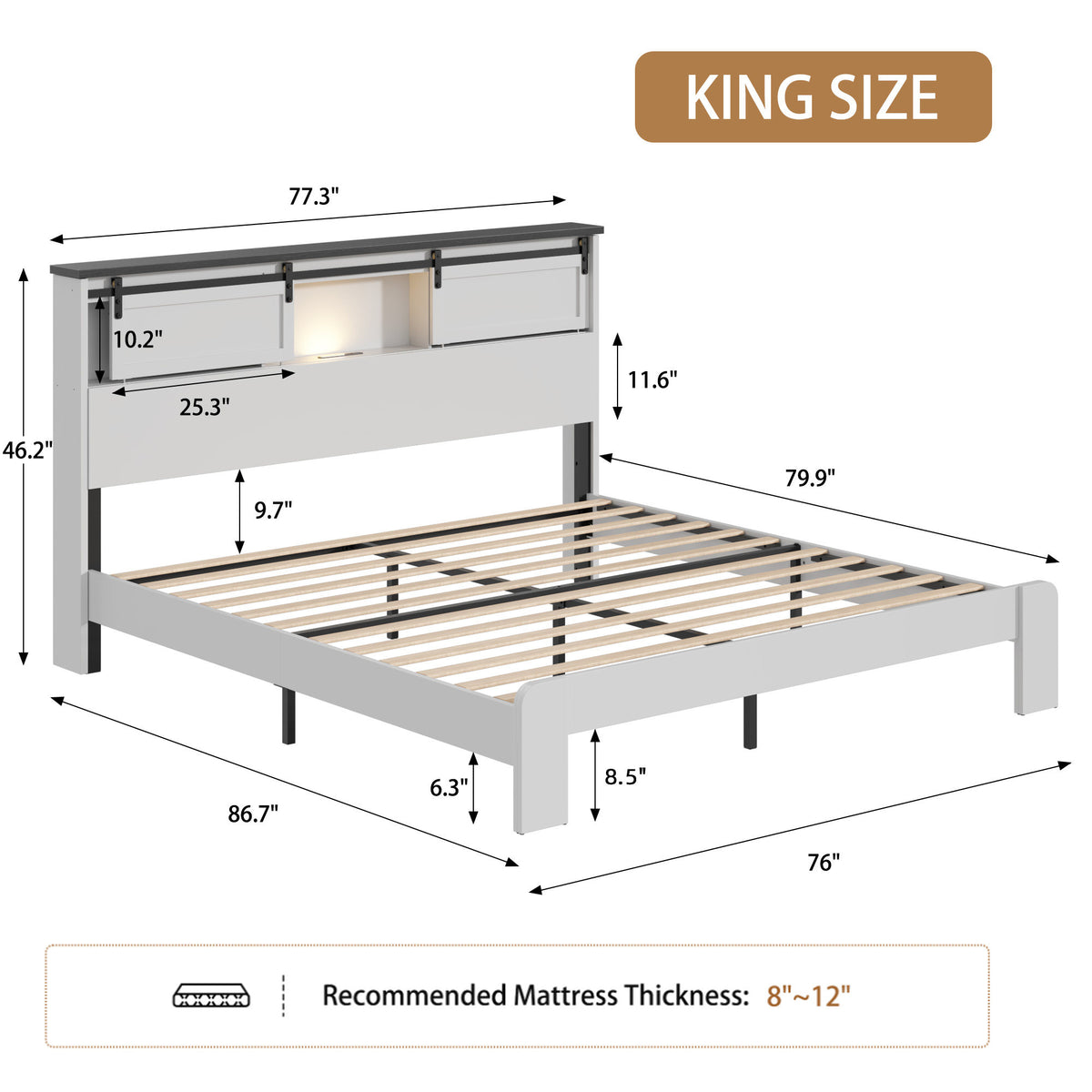 King size bed, metal bed frame with charging station, no need for box spring, (white), no noise, easy to assemble.