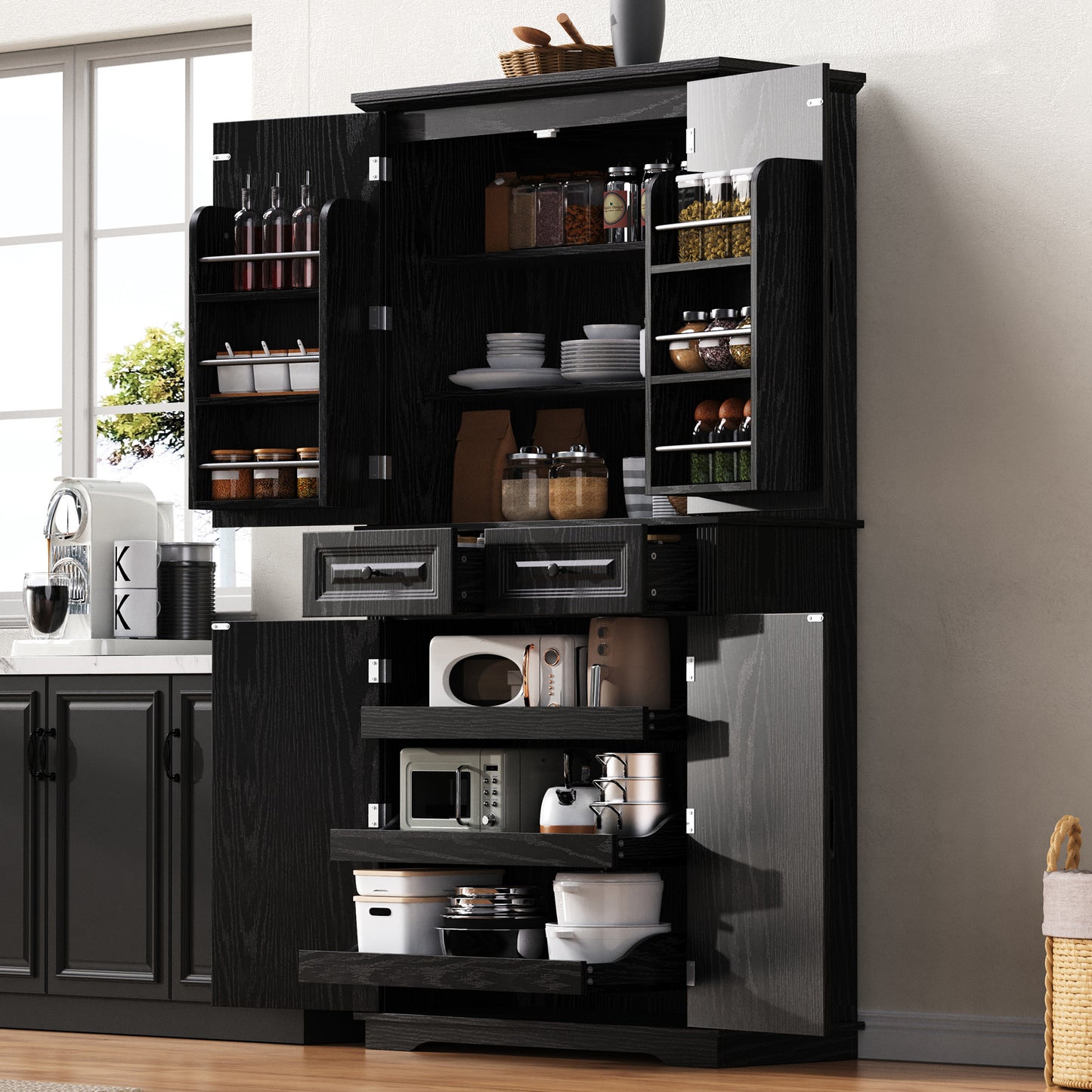 K&K 71' Tall Kitchen Pantry Cabinet with 3 Pull Out Cabinet Organizers, Farmhouse Embossed Texture Storage Cabinet with 6 Door Shelves, 2 Drawers, Freestanding Cupboard for Kitchen, Dining Room Black