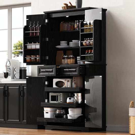 K&K 71' Tall Kitchen Pantry Cabinet with 3 Pull Out Cabinet Organizers, Farmhouse Embossed Texture Storage Cabinet with 6 Door Shelves, 2 Drawers, Freestanding Cupboard for Kitchen, Dining Room Black