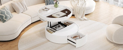 White Round Lift Coffee Table with 1 Drawer in 29.5', Marble Veneer and Wood Grain Tabletop