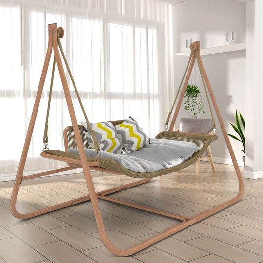 W2707P184379 Freestanding Double Egg Swing Chair with Stand, 570LBS Hammock Loveseat, Anti-Rust Wood Grain Alloy Frame, Plush Cushion, All Weather Wicker Lounge for Indoor Outdoor Patio Balcony Garden