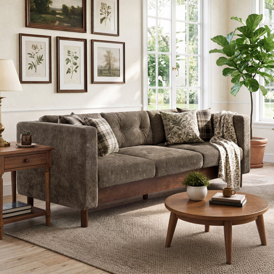 78" Modern 3 Seater Sofa Chenille Upholstered Couch with Square Arms, Tufted Pillow Back & Walnut Rubber Wood Legs Multi Cushion Sofa for Living Room and Apartment Leisure Corner, Brown