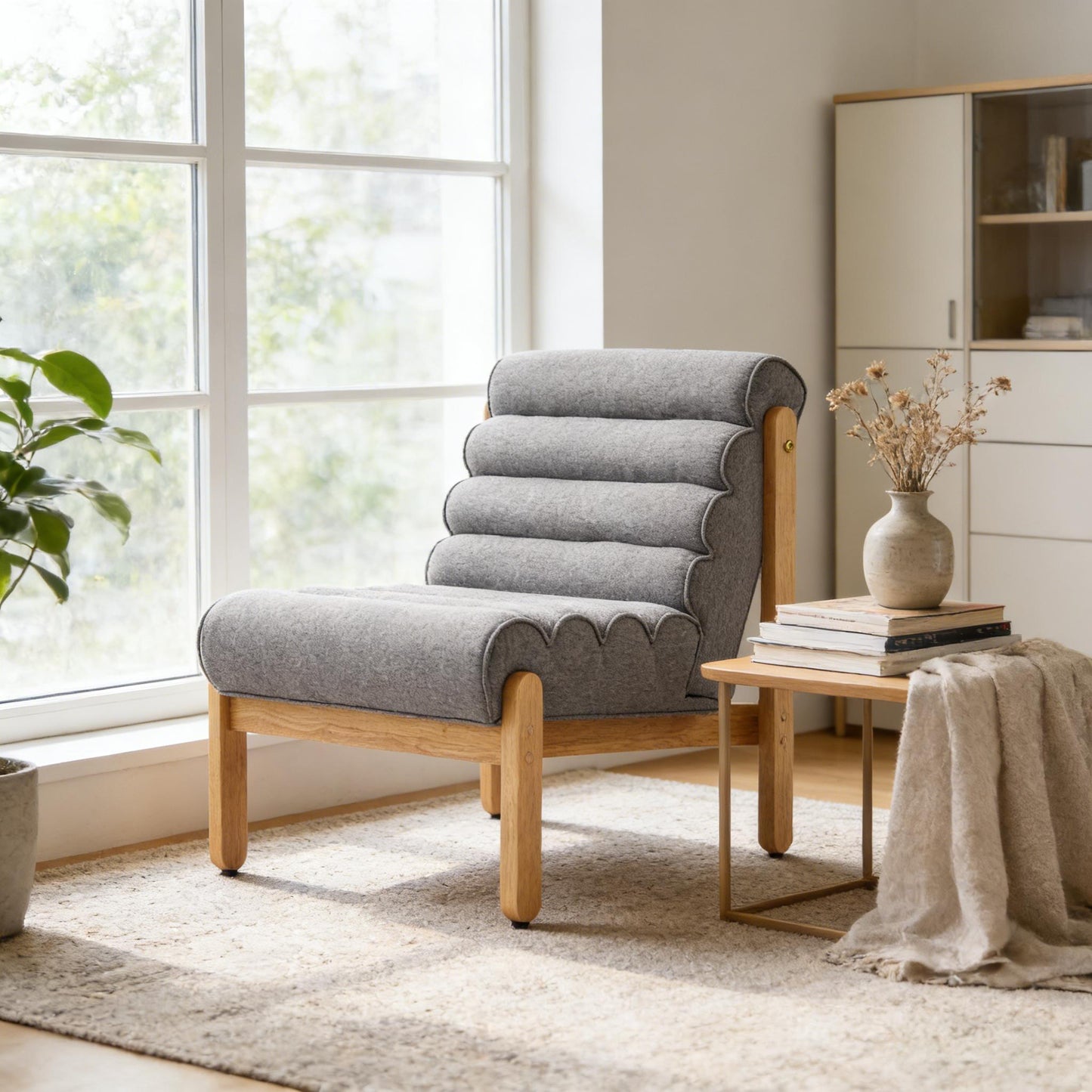 Fluffy Accent Chair Gray with Natural Solid Wood Frame