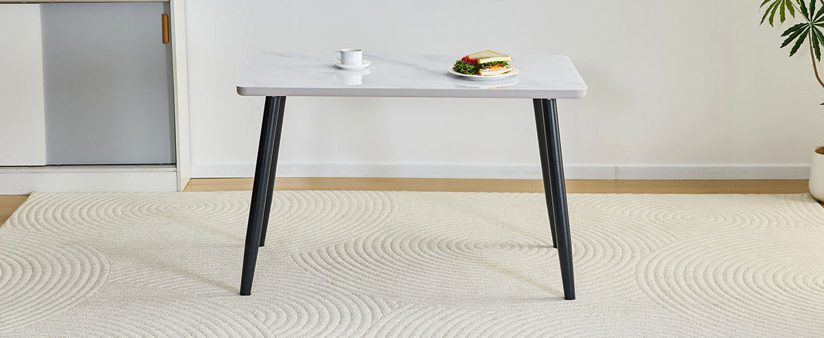 Modern minimalist rectangular dining table, suitable for 4-6 people. Tempered glass countertop+lower MDF board, imitation marble texture – Model W1151S04621