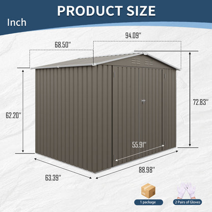 8*6 FTOutdoor Metal Storage Shed, Galvanized Steel Panel Tool House with Lockable Double Door & Built-in Vents for Backyard Garden Equipment Storage Olive Grey(7.84*5.71 FT)