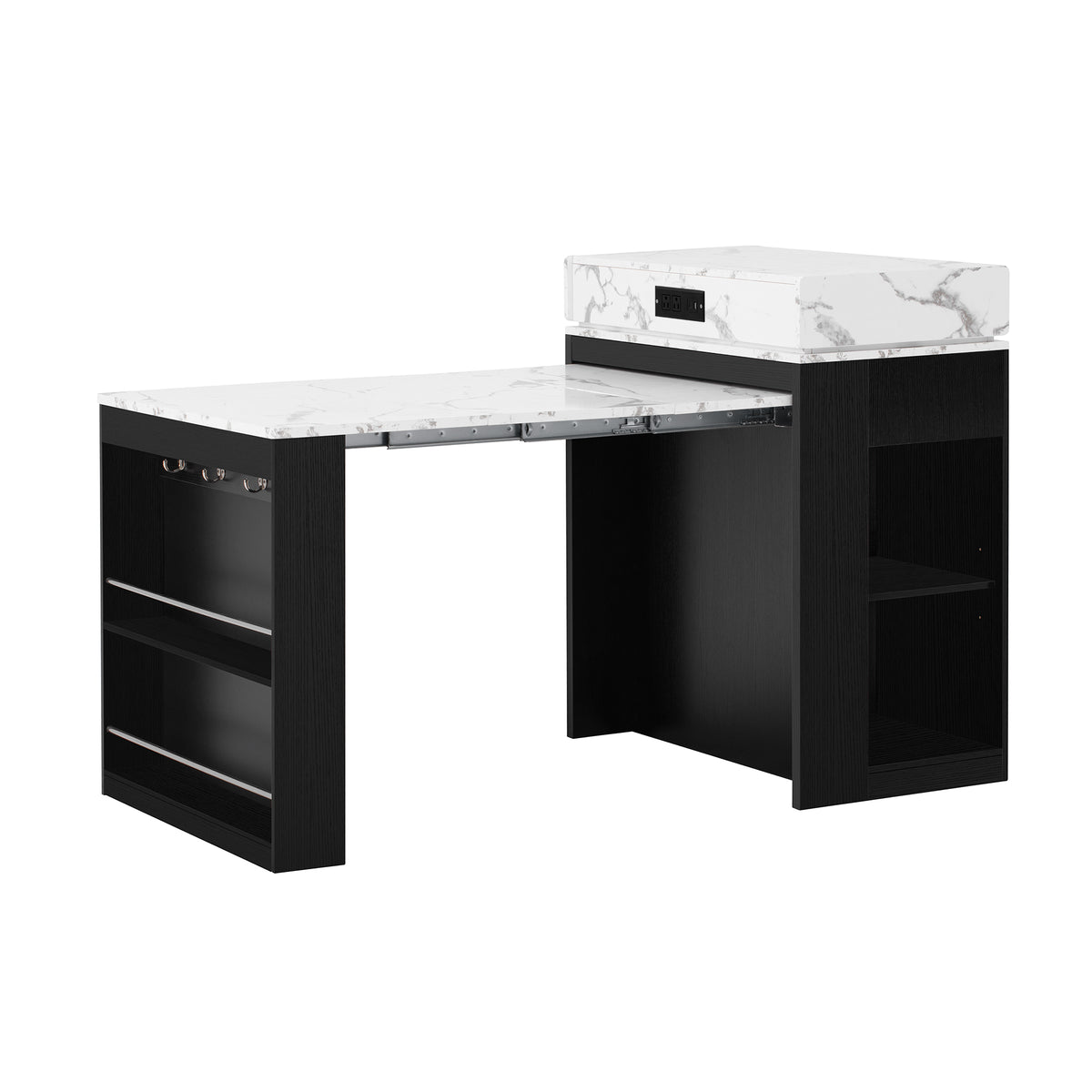 [VIDEO] TREXM Extendable Dining Table with Folding Tabletop, Bar Table with Drawers and Power Outlet, Kitchen Island with Wheels and Hooks, Sideboard for Kitchen and Dining Room (Black+Marble White)